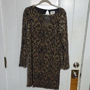eci Women's Velvet Burnout Dress Gold/Black Bell Sleeves Romantic Goth Sz M EUC